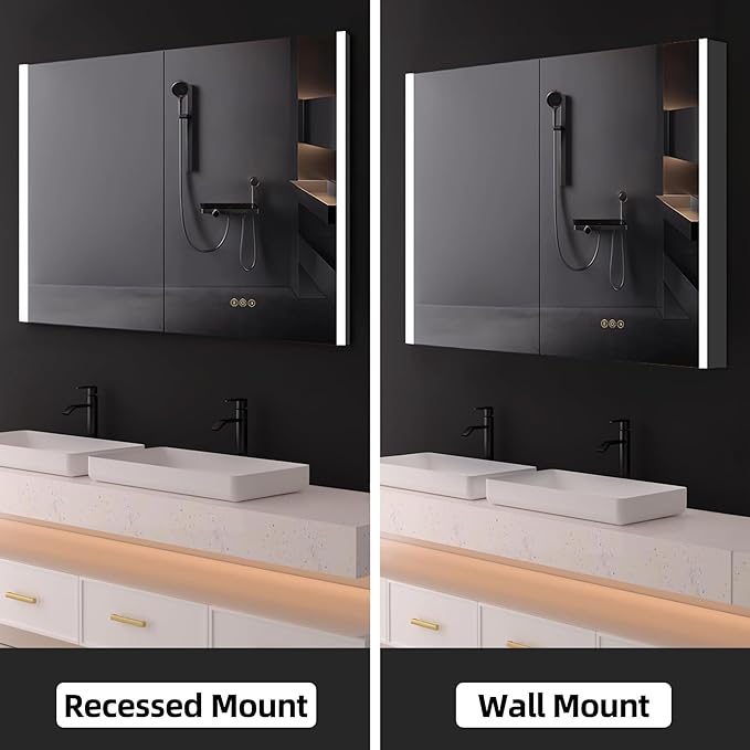 Medicine Cabinet with LED Lights and Mirror, 48 x 32 Inch Surface or Recessed Mounted Bathroom Cabinets with Door, Defogger, Memory Function, 3-Color Mode, Outlet&USB, Dimmer, Storage Shelf