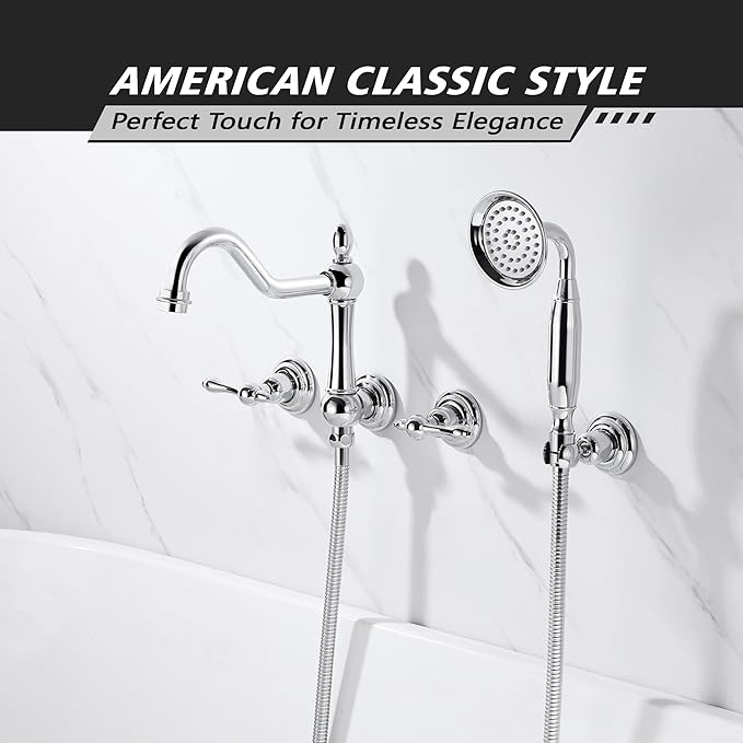 SUMERAIN Vintage Wall Mounted Bathtub Faucet with Hand Shower, High Flow Tub Filler Chrome Finish, Rough-in Valve Included