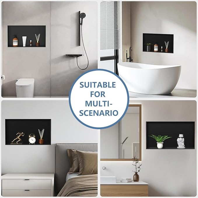 Homevacious Shower Niche 28" X 16" Stainless Steel No Tile Needed Matte Black Bathroom Shelf Rimless Recessed Wall Niche for Bathroom Storage