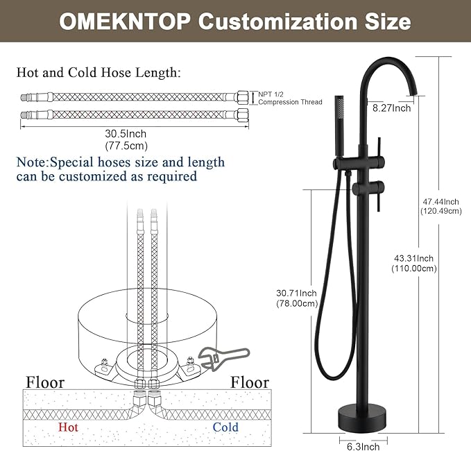Freestanding Bathtub Faucet, Matte Black Floor Mount Tub Filler, Modern Freestanding Tub Faucet with 360 Swivel Gooseneck Spout and Handheld Shower, Standing Tub Faucet for Bathroom