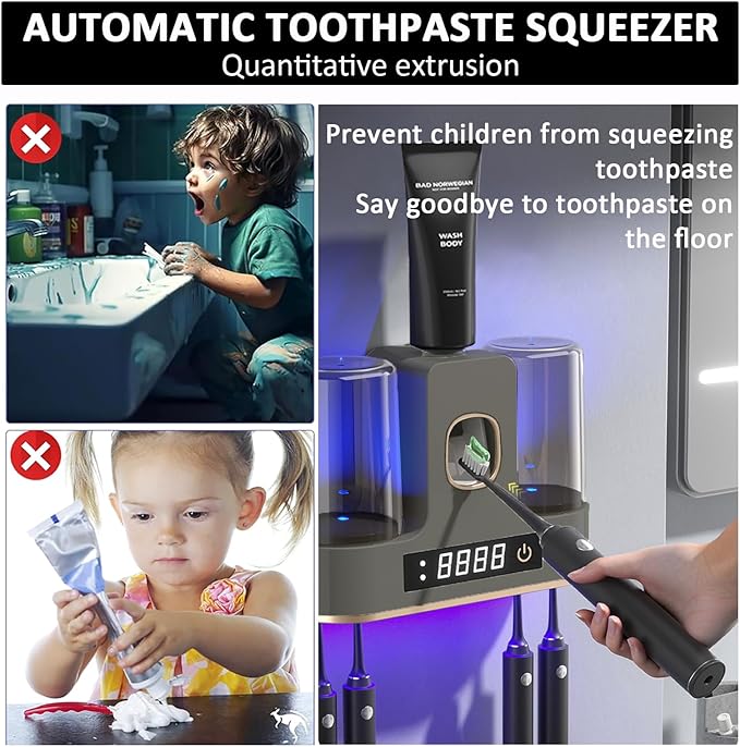 Toothbrush Holders for Bathrooms with Air-Drying, Toothbrush Sanitizer Holder with Smart Countdown LED Screen, 2 Cups Electric Toothbrush Holders Wall Mounted with Toothpaste Dispenser