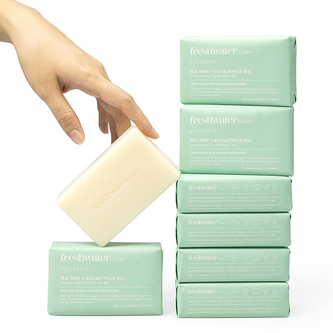 Freshwater Farm Australia Natural Soap Bar- Tea Tree + Eucalyptus Oil| 7oz x 8 Pack.Castile Bar Soap, Soap Bar, Natural Bar Soap, Body Soap Bars With Essential Oil For Sensitive Skin
