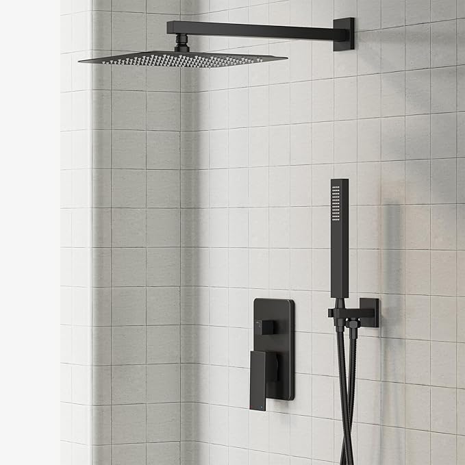 Gabrylly Shower System Black, Rainfall Shower Faucet Set Complete, 12" High-Pressure Stainless Steel Rain Showerhead with handheld Shower Spray Combo, 2 Way Valve Included, Matte Black