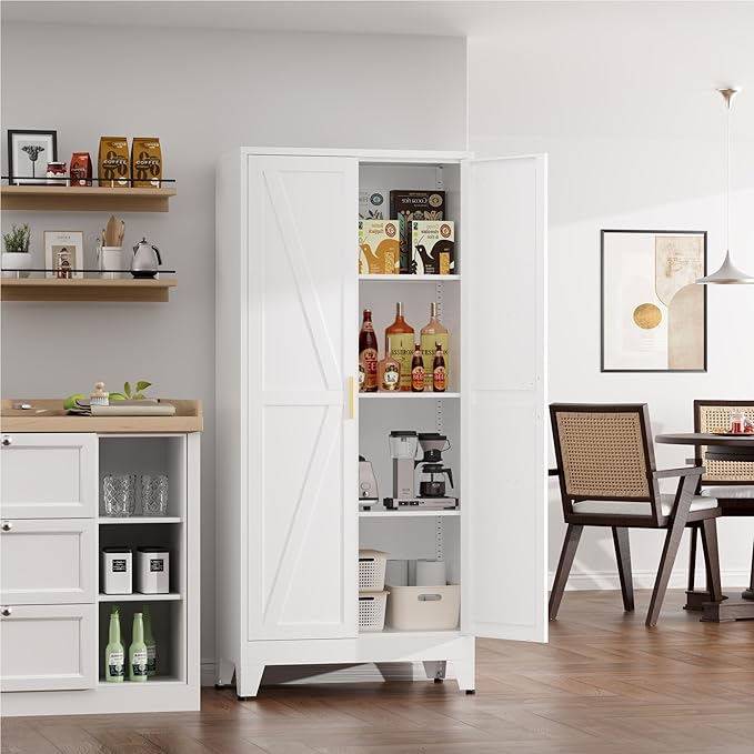 61" Tall Metal Kitchen Pantry Storage Cabinet with Double Doors & 3 Adjustable Shelves, Freestanding Cupboard for Kitchen, Dining Room, Bathroom, White