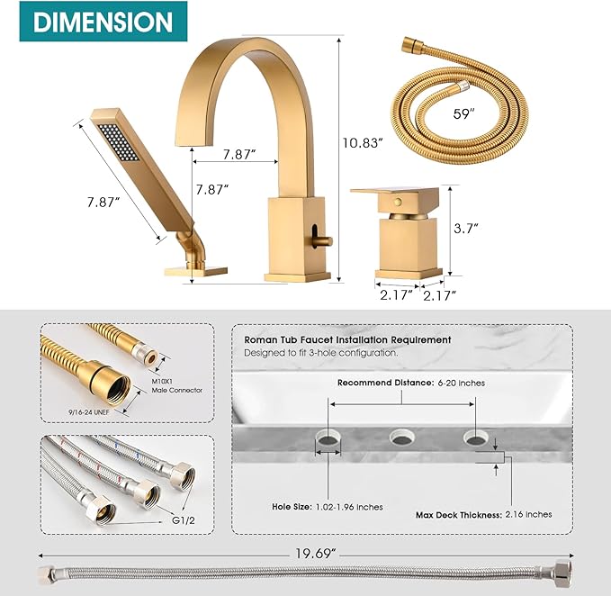 Brass Roman Tub Faucet with Sprayer, Deck Mount Bathtub Faucet with Hand Shower, 3 Hole Waterfall Faucet with 360 Spout, Single Handle Tub Filler with 8 GPM High Flow, Brushed Gold