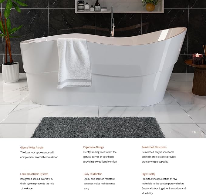 Empava Bathtub, 67" Soaking Tub, Acrylic Free Standing Tub with End Drain and Overflow, Contemporary Design Bathtub for Bathroom, cUPC Certified, Glossy White
