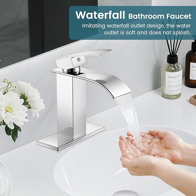 Bathroom Faucets Chrome Waterfall Bathroom Sink Faucet Modern Single Handle Bathroom Faucet for 1 or 3 Hole Mxier Tap Washbasin Faucet with Deck, Pop-up Drain and Supply Hoses