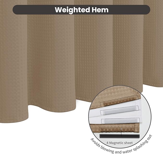 Inhousolu No Hook Waffle Weave Shower Curtain with Removable Snap in Fabric Liner Set for Bathroom, 230 GSM Heavy Duty Weighted Hem, Water Repellent Washable Bath Curtains, 72 x 84 Inch, Beige
