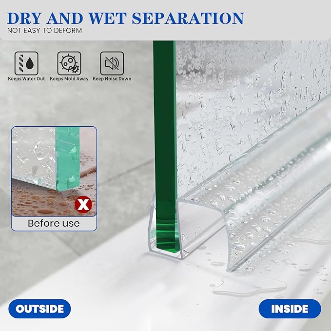 Bathroom Framless Shower Glass Door Bottom Seal Strip, 2PCS 36 Inch Long PVC Clear Seal Strips for 5/16"(8MM) Glass Door, to Stop Water Leakage