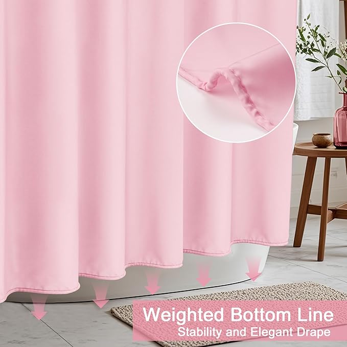 AooHome 72x96 inch Fabric Shower Liner, Extra Long Solid Color Shower Curtain with Hooks, Weighted Hem, Water Repellent, Pink