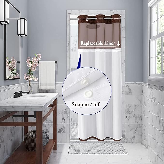 Gibelle Stall Small Shower Curtain 36x74, Waffle Weave Shower Curtain with Snap-in Fabric Liner Set, No Hooks Needed, Hotel Style with Mesh Top Window, Brown