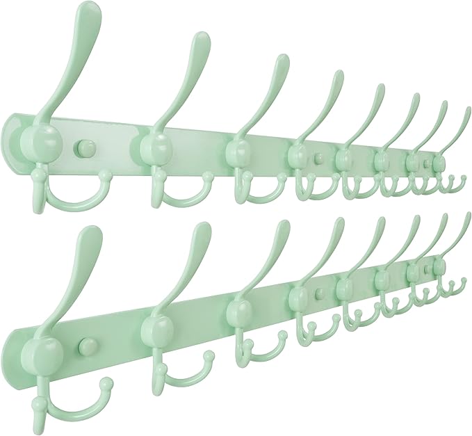 Dseap Coat Rack Wall Mount - 29.5” Long 8-Tri-Hooks Heavy Duty Coat Hanger Rail Wall Hooks for Hanging Coats Hats Clothing Clothes Purse Mudroom Entryway, Green, Pack of 2