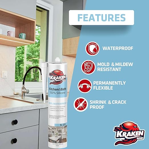 Kraken Bond Premium Kitchen and Bathroom Silicone Caulk Clear - (2x10.1 fl.oz) RTV Clear Silicone Sealant Waterproof for Kitchen, Bathroom, Shower, Sink, Anti Shrink 100% Silicone Caulking | 2 Pack