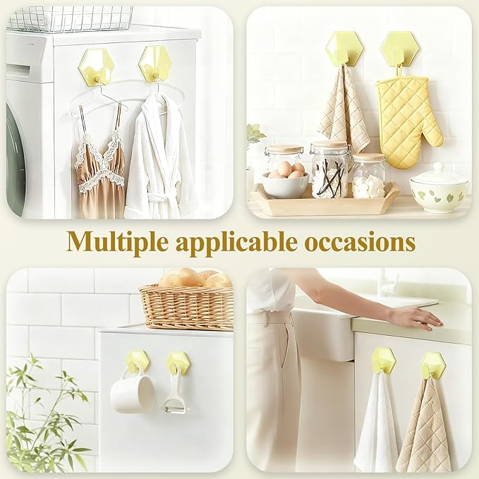 Tindbea Adhesive Towel Hooks Heavy Duty Wall Hooks Waterproof Stainless Steel Shower Rack for Coat, Key, Hat, Robe, Clothes, Picture Hanging Towel Hooks for Bathrooms Kitchen Door (4-Pack, Yellow)