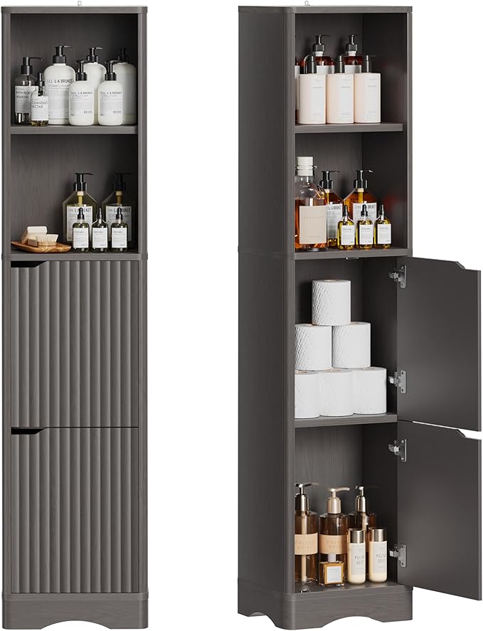 67" Tall Bathroom Organizer and Storage, Narrow Storage Cabinet with 2 Doors and 4 Shelves, Freestanding Floor Storage Unit,15.7" W x 11.8" D x 66.9" H, Grey