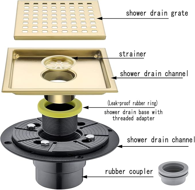 RANDOM Brushed Gold Shower Drain Square 6 Inch Shower Drain Cover Kit with Flange,SUS 304 Stainless Steel Shower Floor Drain with Removable Grid Cover and Hair Strainer