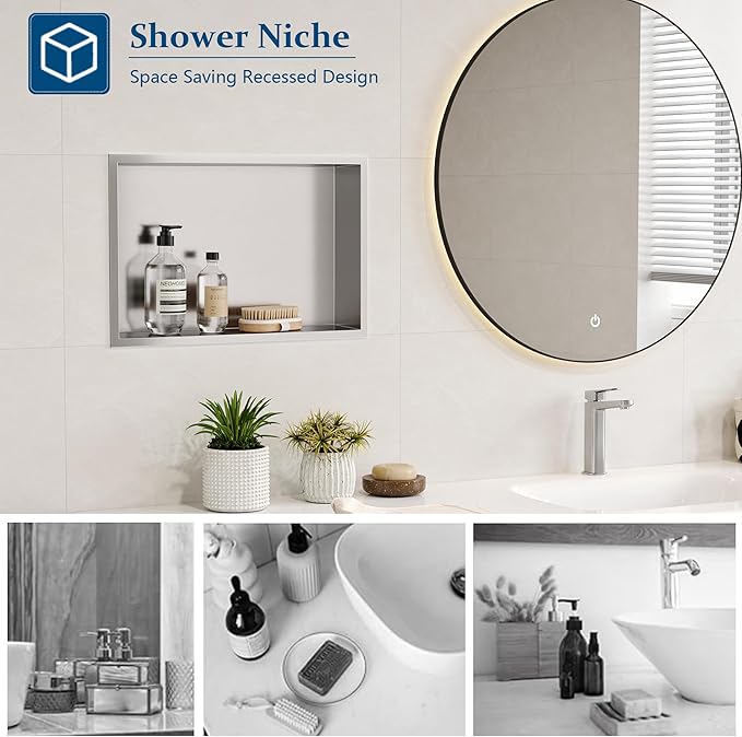 Neodrain Shower Niche, Bathroom Shelf Inner Size 18" X 12", Brushed Stainless Steel Bathroom Wall Niche Cubby, No Tiled Recessed, Stainless Shelf for Storage