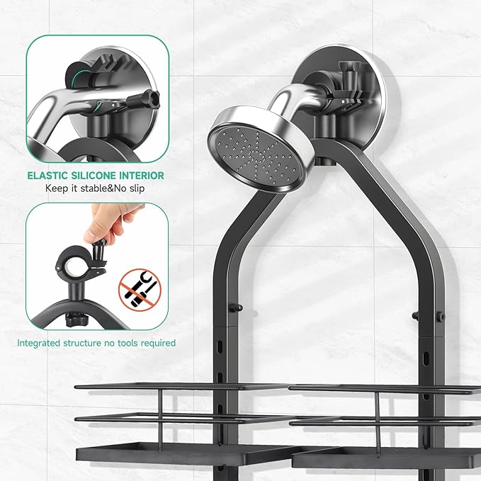Shower Caddy Hanging for Handheld Showerheads Adjustable Height Extra Long Bathroom Storage Organizer Hanger Rack Rustproof Hose Shower Organizer 4 Levels Height Shower Rack（Black