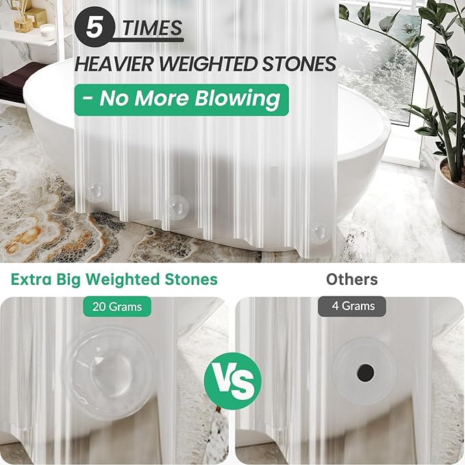 AmazerBath Short Shower Curtain Plastic, 72 x 65 Inches PEVA Clear Shower Curtain, Waterproof Heavy Duty Thick Bathroom Curtain with 3 Big Clear Weighted Stones and 12 Rustproof Grommet Holes