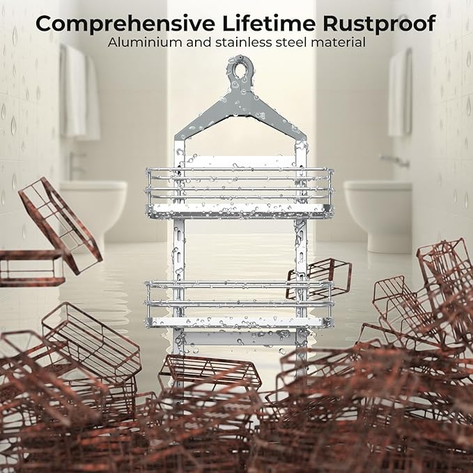 Orimade Aluminum Hanging Shower Caddy Over Head, Adjustable Bathroom Shelf with Hooks, Anti-Slip Rustproof Organizer Storage Rack Basket, Silver, 2 Tier