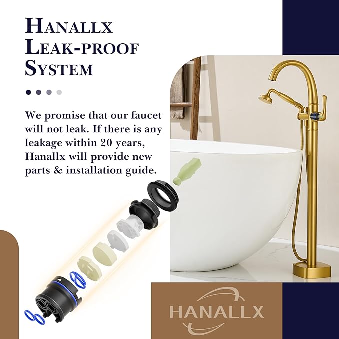 Free Standing Tub Faucet, Hanallx Luxury Brushed Gold Freestanding Bathtub Faucet with Sprayer, Premium Brass High Flow Rate Floor Mount Tub Filler Swivel Spout, Roman Tub Faucet Set（HM88011-BG）