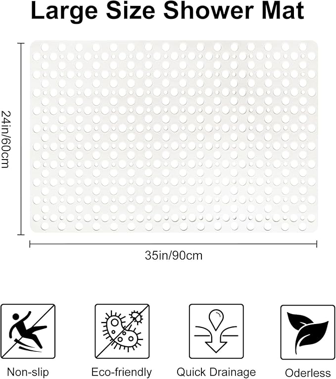 Non Slip Shower Mat with Suction Cups, 23.6x35.4 Inch Quick Drain TPE Anti Slip Shower Mats for Inside Shower, Large Bath Mat for Shower Soft on Feet, Easy to Dry&Cut Machine Washable