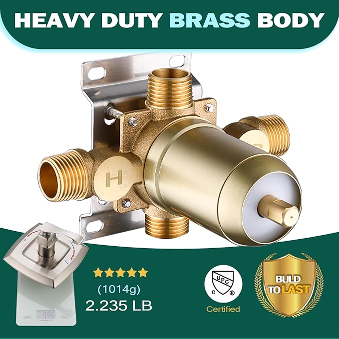 Brushed Gold Shower Mixer Valve 2 Way Diverter, Dual-Function Pressure Balance Shower Control Brass Rough-In 1/2" NPT Connection with Single Handle Shower Trim Kit