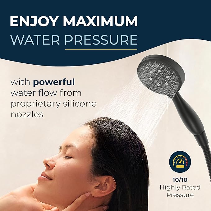 HammerHead Showers® Solid Metal 3-Spray Handheld Shower Head with Long Hose and Holder - MATTE BLACK - WIDE, MASSAGE, and MIST Sprays - 1.8 GPM Low Flow Handheld Showerhead - Water Saving Shower Head