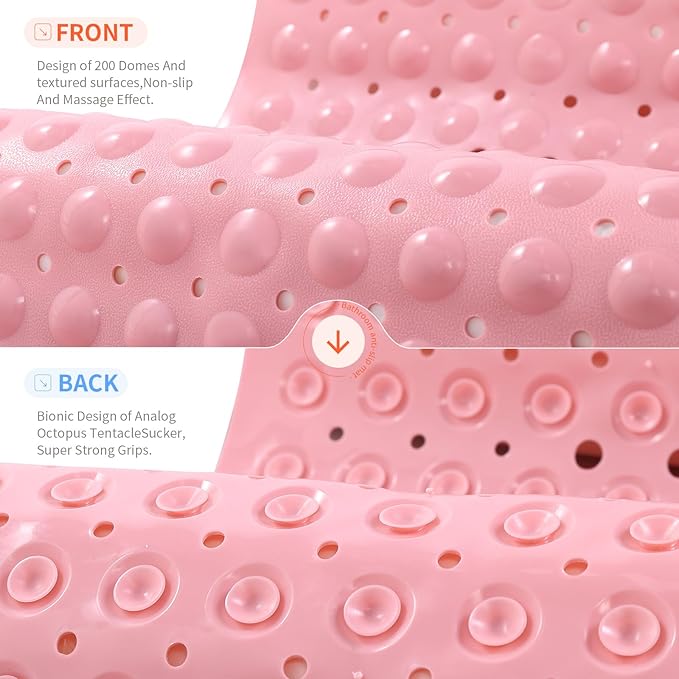 Anti-Slip Bathtub Shower mat, 39.3×15.7 inch（Approximately 100 × 40cm） Soft Oversized Machine Washable Non-Slip Bathtub mat with Drainage Holes, Bathroom Floor Suction Cup.（1-Opaque Pink）