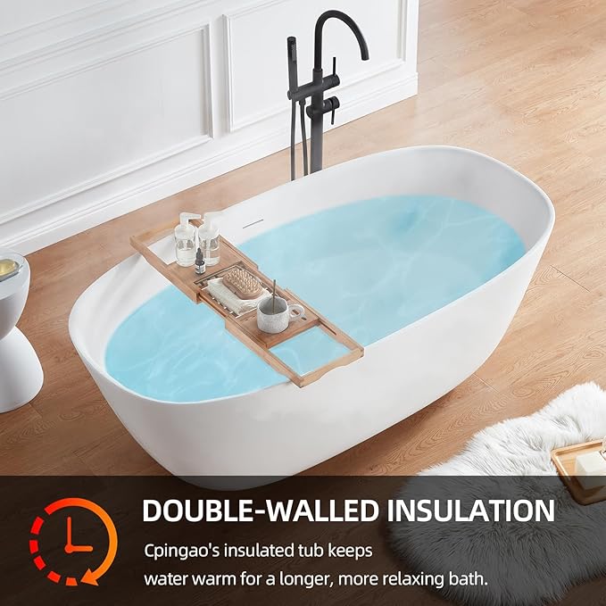 Cpingao 66.9"Lx33.5"Wx22"T Stone Resin Solid Surface Freestanding Bathtub, Modern Elegant Design Soaking Stand Alone Tub, Matte White, Nickel Drain and Overflow Included 8823A