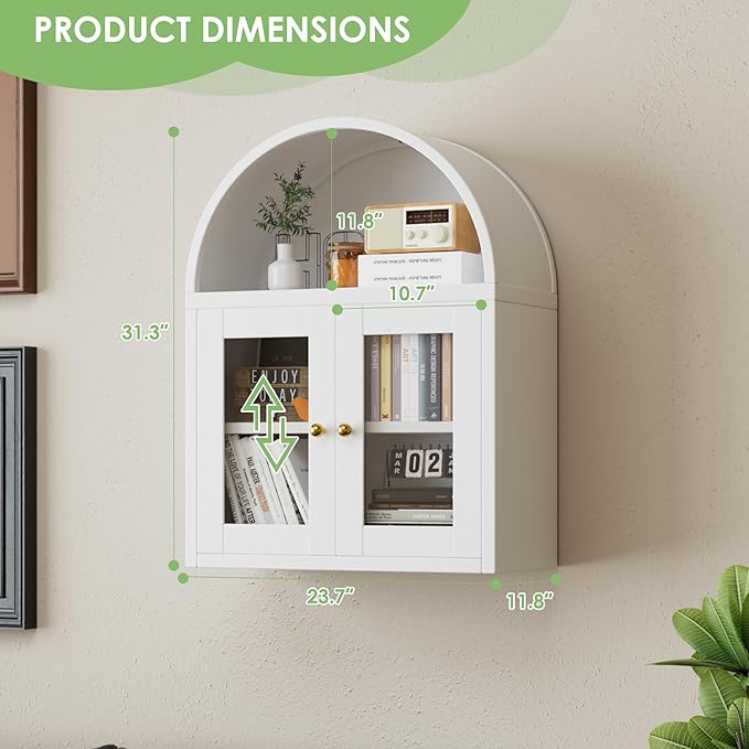 Metal Arched Wall Cabinet,Bathroom Wall Mounted Cupboard,Modern Arched Storage Cabinet with Glass Door and Adjustable Shelf,Space Saver Wall Cabinet,Requires Assembly(White)