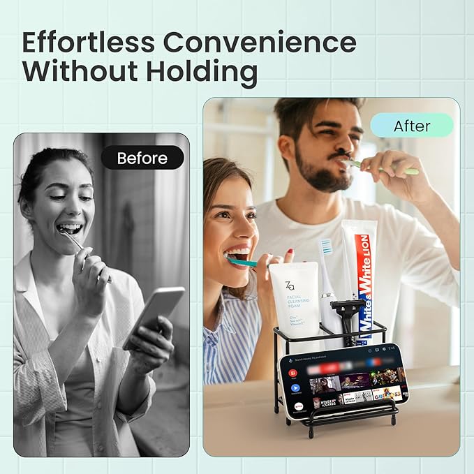 Mustry Toothbrush Holders for Bathrooms, Black Toothbrush Organizer with Front Ledge for Phone Holder, Stainless Steel Toothbrush and Toothpaste Holder Stand for Bathroom Countertop Accessories Storag