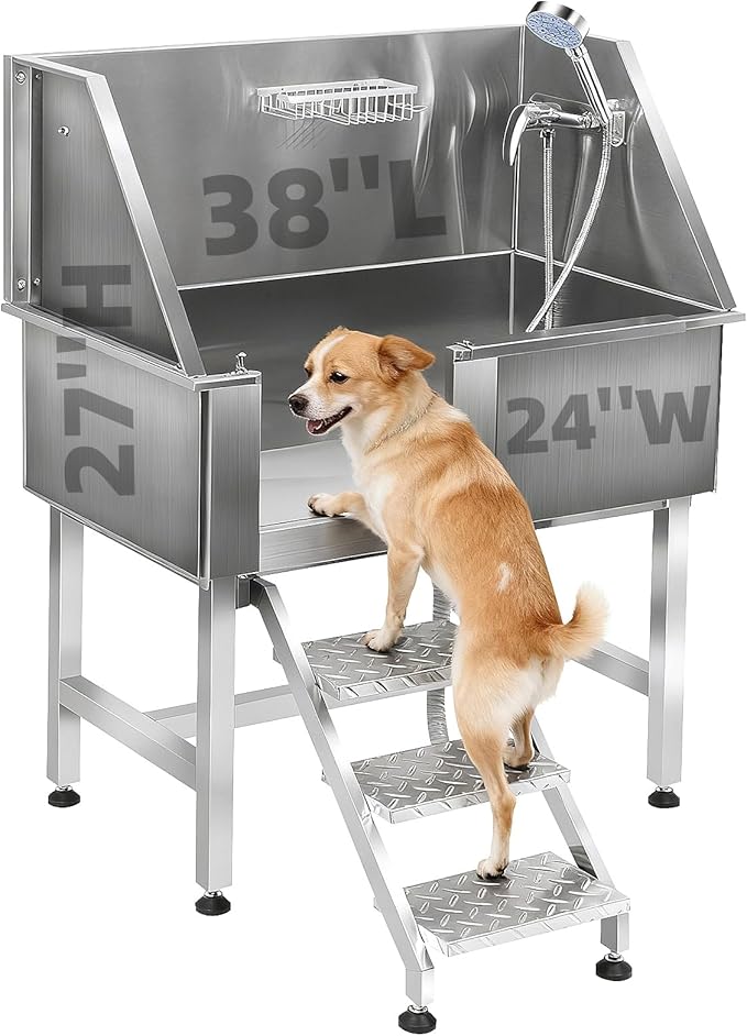 Dog Washing Station Stainless Steel, 38-Inch Dog Bathing Station Bath Tub, Pet Grooming Bath Tub With Left Ramp & Removable Door & Showerhead & Faucet & Soap Holder For Large, Medium & Small Pet