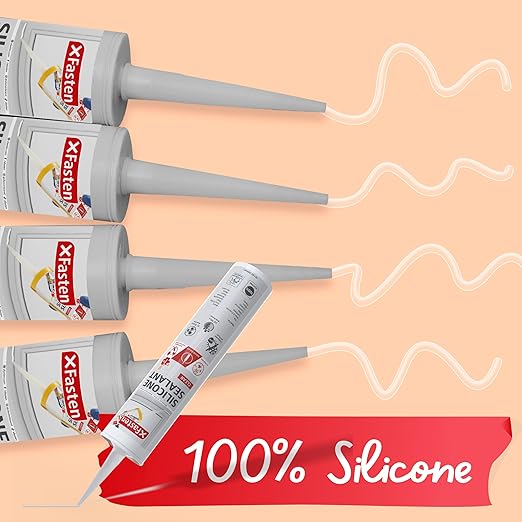 XFasten Clear Silicone Caulk Neutral Cure 10.1 oz (4-Pack) 100% Waterproof Silicone Sealant, Crack and Shrink Resistant, Low Odor, Strong Adhesion Caulking for Kitchen Bath Window Shower Outdoor Use