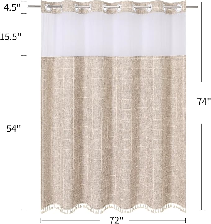 MitoVilla No Hooks Required Farmhouse Shower Curtain with Snap-in Liner - with Window & Magnets, Boho Cotton Linen Fabric Shower Curtains with Tassels for Rustic Bathroom Decor, Tan/Taupe, 72 x 74