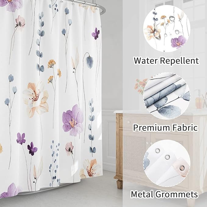 Gibelle Small Stall Shower Curtain 36 x 72, Narrow Half Watercolor Floral Fabric Shower Curtain, Purple Beige Flower Decorative Bathroom Shower Curtain Set