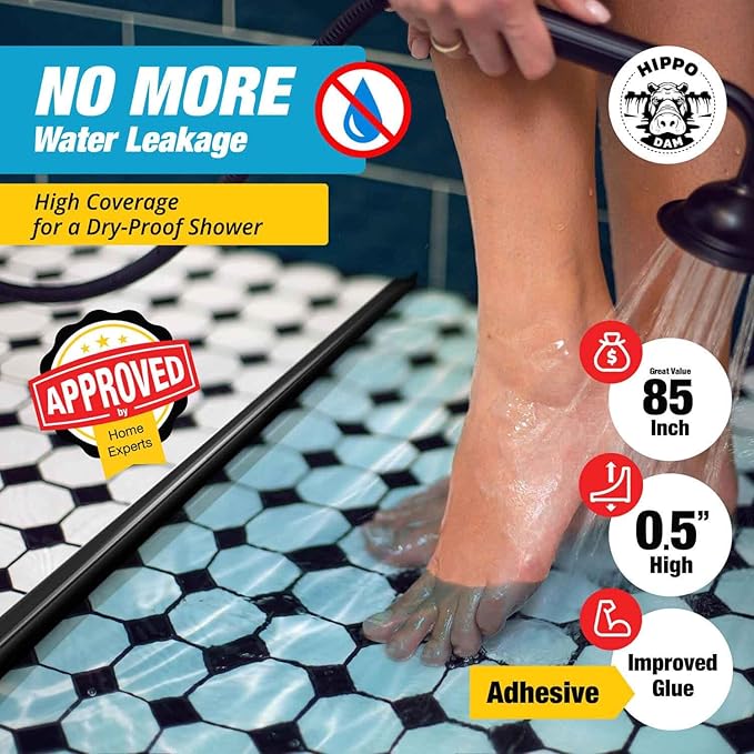 Shower Threshold Water Dam Barrier 85" - Black Collapsible Shower Water Blocker - Guard for Walk in Shower - Water Guard Stopper for Floor - Shower Door Water Blocker by Hippo Dam
