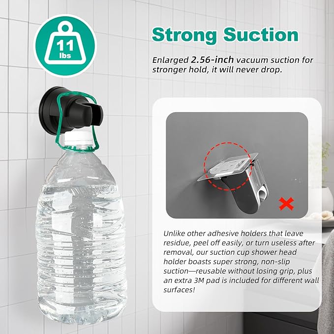 Hibbent 2 Pack Vacuum Suction Cup Shower Head Holder, Removable Shower Head Bracket, Height Adjustable Wall Mount ABS Plastic Suction Holder for Handheld Showerhead, Matte Black