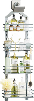 Orimade 4 Tier Adjustable Anti-slip Shower Caddy over Shower Head,Rustproof Bathroom Hanging shower Organizer with 4 Hooks for Razor,No Drilling Shower shelves Storage Rack, Light Grey