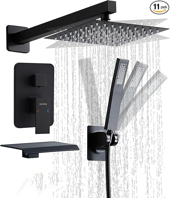8 inch Matte Black Shower System with Tub Spout, Shower Faucet Set with Rain Shower Head and Handheld 3-Setting, Waterfall Bathtub Spout Rainfall Shower Combo Set for Bathroom Wall Mounted