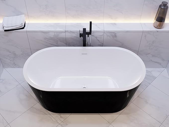 ANZZI 55 Inch Acrylic Freestanding Bathtub In Glossy White | Chand Pre-plumbed Solid Deep Soaker Tub With Built In Overflow And Drain | Soaking Stand Alone Tub 72 Gallons Capacity | FT-AZ098-55BK
