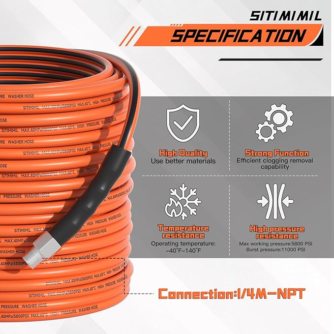 Sewer Jetter Kit for Pressure Washer 200FT,5800psi Drain Cleaner Hose 1/4 Inch Npt Corner, with 5 Sewer Jetting Nozzles Sealing Tape Pearl Corsage Pin Spanner Glove Drain Snake