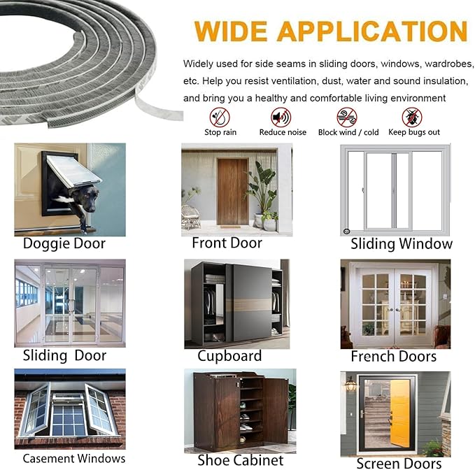 Door Brush Weather Stripping for Sliding Windows Exterior Doors Frame Side,Pile Self Adhesive Weatherstrip Seal Strip Soundproof Sealer Draft Stoppers(33ft 0.35''Wide x 0.2''Thick, Black)
