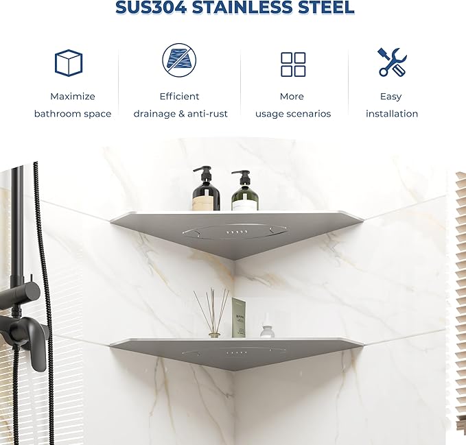 FerdY 2-Pack 10" Brushed Nickel Recessed Corner Shower Shelf, for Tiled Bathroom Walls, Floating Shelf, 304 Stainless Steel Shower Caddy Storage Shelves, No Drilling Required, Rugby Diamond