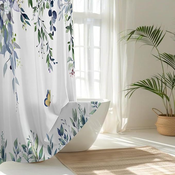 No Hook Shower Curtain and Liner Set, Green Eucalyptus Floral Shower Curtains for Bathroom, Bath Curtain Sets with Snap in Liner, Waterproof with See Through Top Window, 71x84 Inches