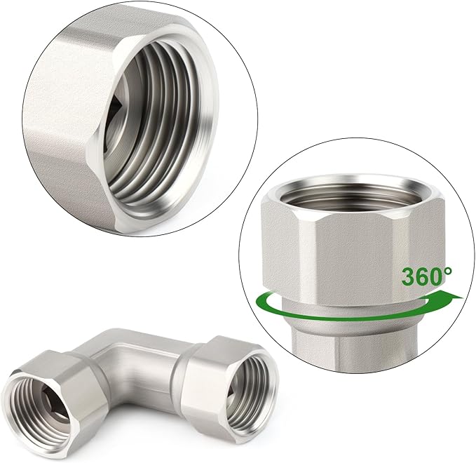 TAISHER 2PCS 304 Stainless Steel 90 Degree Elbow 2 Ends Flexible Movable Connector, 1/2" Female for Sprayer, Angled Valve, Shower Arm
