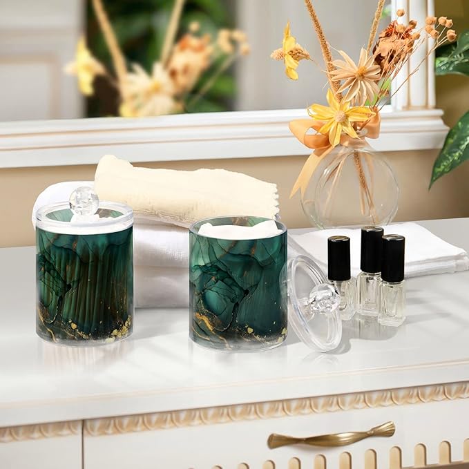 MNSRUU 2 Pack Qtip Holder Organizer Dispenser Turquoise Green Marble Bathroom Storage Canister Cotton Ball Holder Bathroom Containers for Cotton Swabs/Pads/Floss