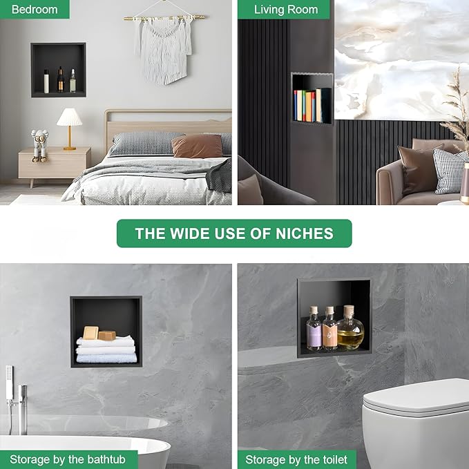 SaniteModar Shower Niche, Stainless Steel Shower Niche 12" X 12" No Tile Needed, Recessed for Bathroom Storage, Matte Black (Matte Black, 12x12)