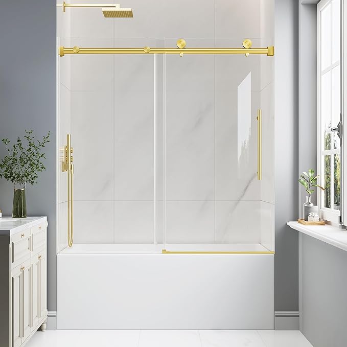 Bathtub Shower Door Frameless, 55-60" W x 60" H Sliding Tub Shower Door, 1/4''(6mm) SGCC Tempered Glass with Explosion-Proof Film Nano Coating, Stainless Steel Hardware, Brushed Gold