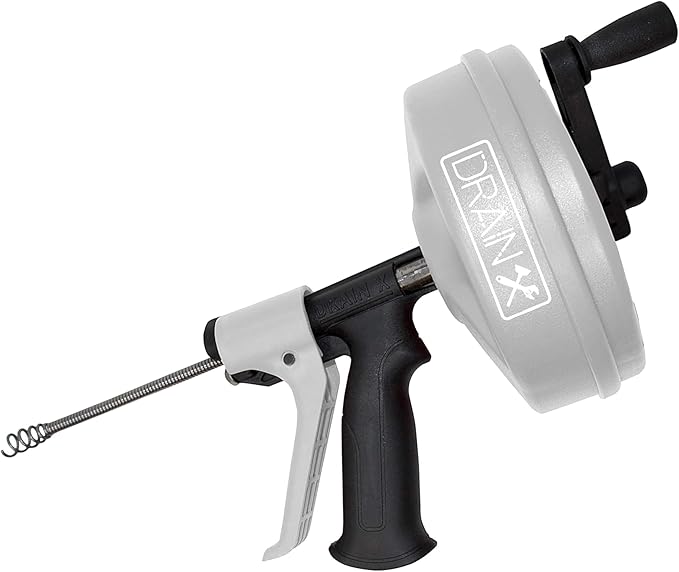 DrainX SPINFEED 50 Foot Drum Auger | Use Manually or Drill Powered - Auto Extend and Retract Plumbing Snake | Work Gloves and Storage Bag Included